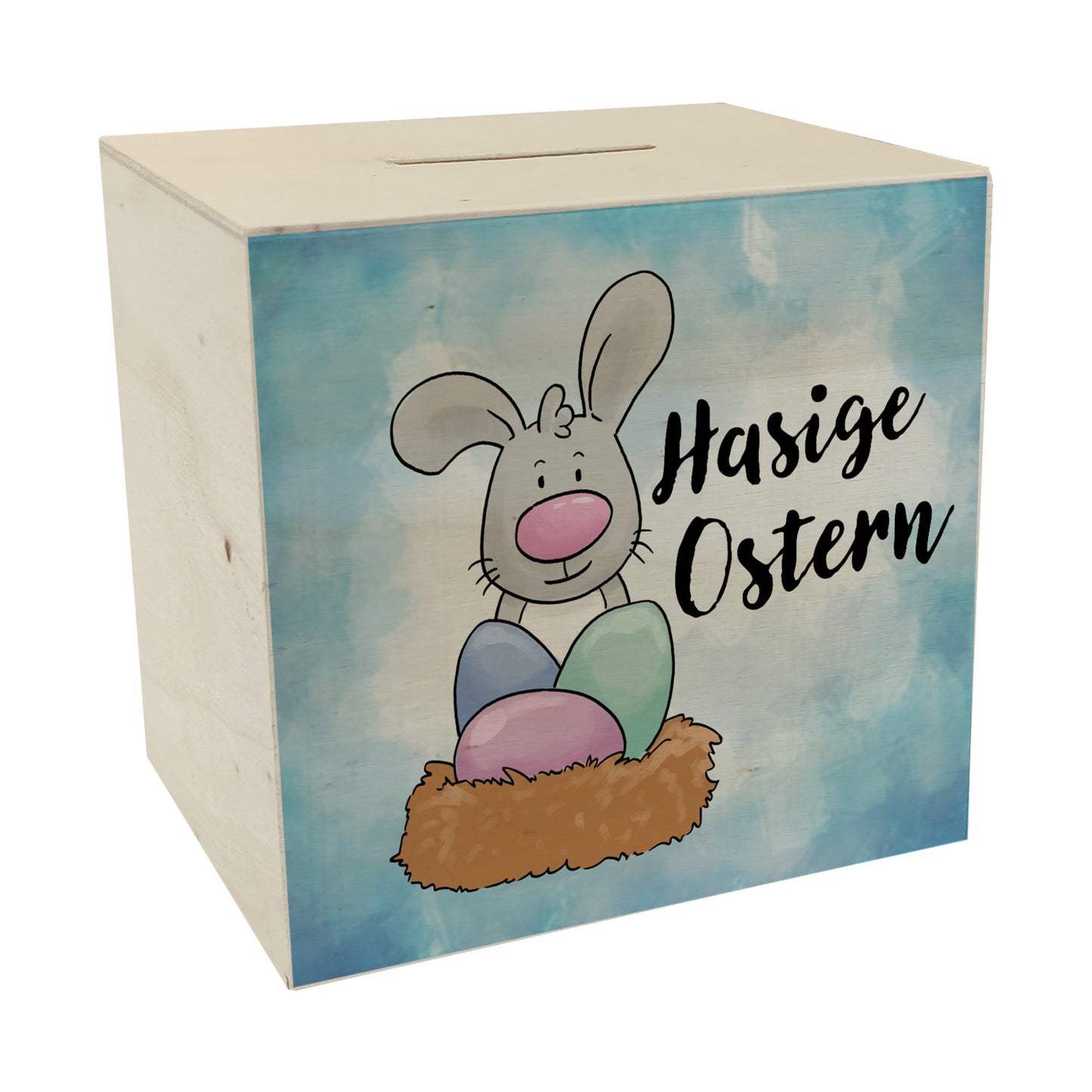 Hasige Ostern Spardose aus Holz mit niedlichem Osterhasen