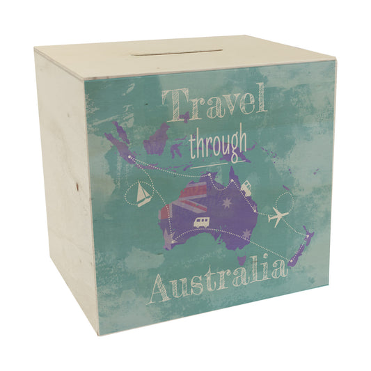 Spardose aus Holz mit Australien Karte und Spruch - travel through Australien