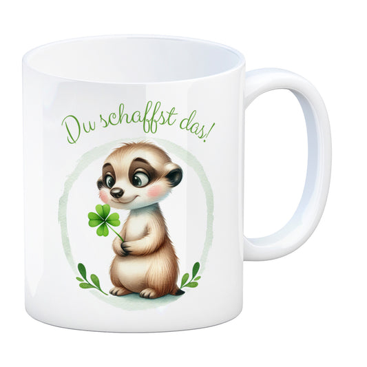 Erdmännchen mit Kleeblatt Kaffeebecher mit Spruch Du schaffst das