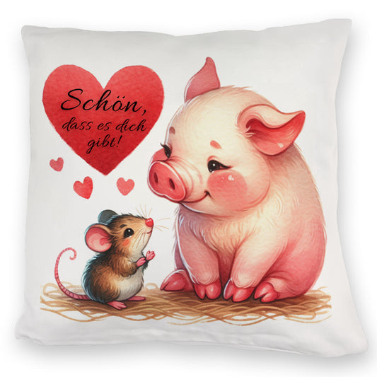 Schwein mit Maus und Herz Kuschelkissen mit Spruch Schön dass es dich gibt