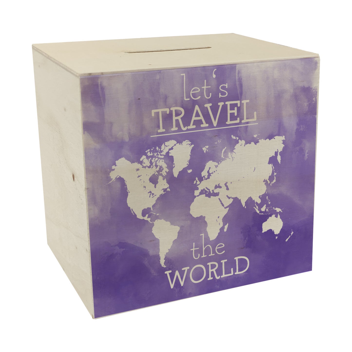 Spardose aus Holz mit Weltkarten Motiv und Text - let's travel the world in Lila