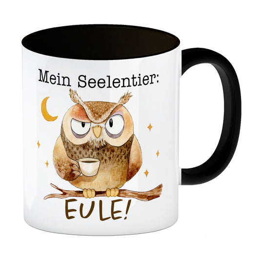 Eule Kaffeebecher in schwarz mit Spruch Mein Seelentier Eule