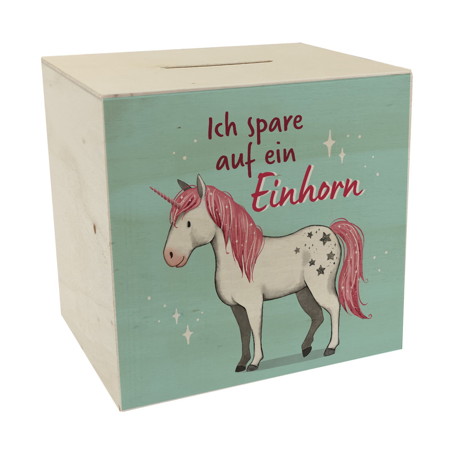 Einhorn Spardose aus Holz in mintgrün mit Spruch Ich spare auf ein Einhorn