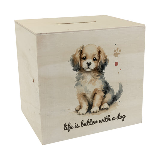 niedlicher Hund Spardose aus Holz mit Spruch life is better with a dog