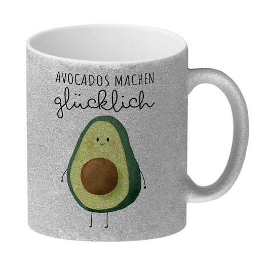 Niedliche Avocado Glitzer-Kaffeebecher mit Spruch Avocados machen glücklich