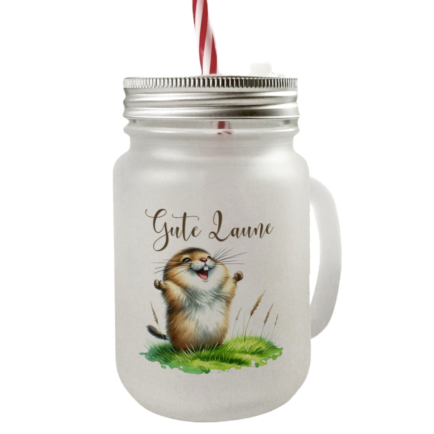 jubelnder Lemming Mason Jar Henkel Trinkglas mit Deckel mit Spruch Gute Laune