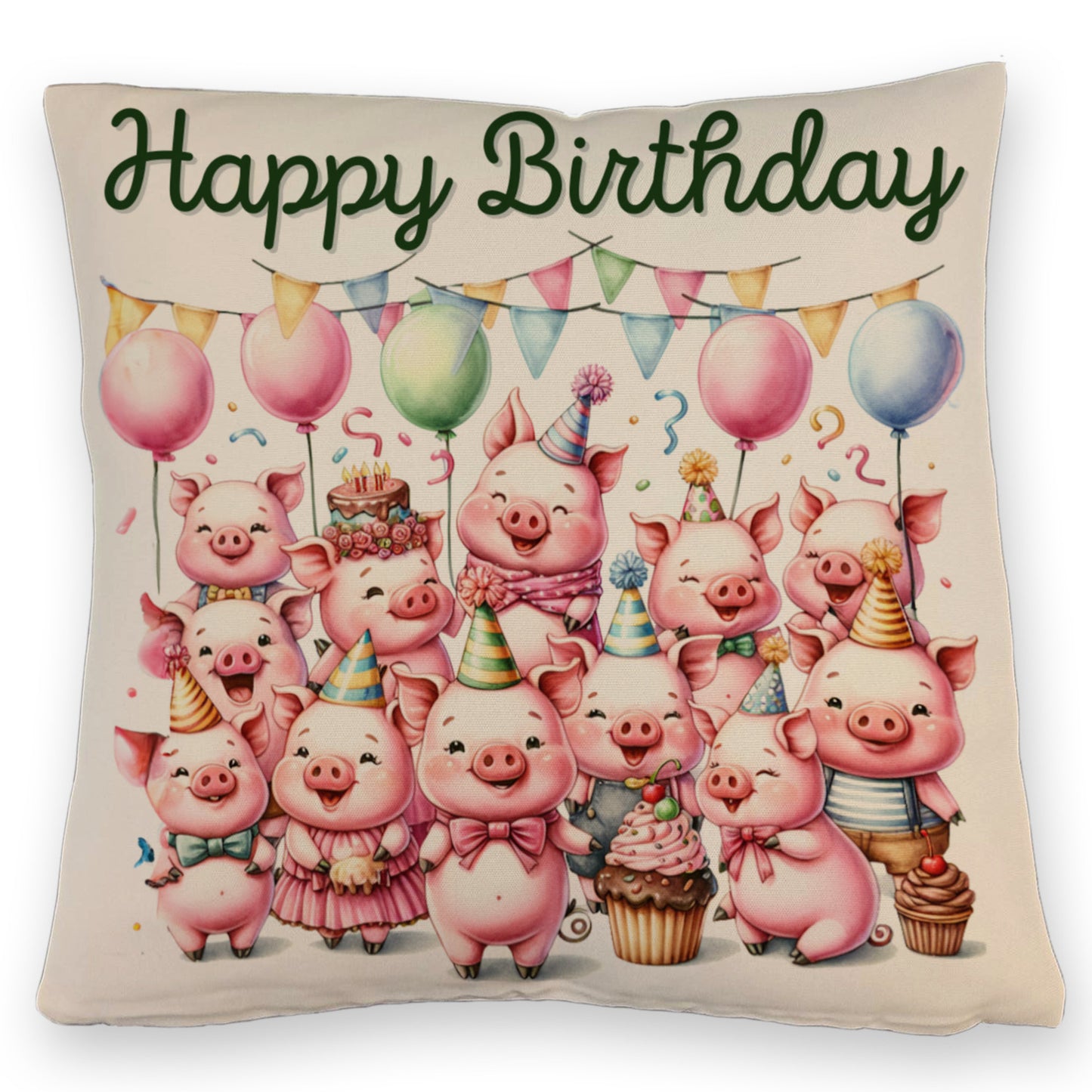 Schweine Party Kissen mit Leinenoptik mit Spruch Happy Birthday