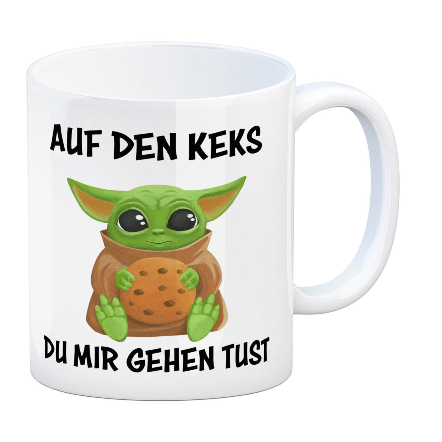 Baby-Alien Kaffeebecher mit Spruch Auf den Keks du mir gehen tust