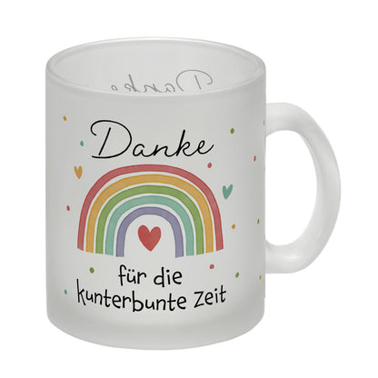 Regenbogen Glas Tasse mit Spruch Danke für die kunterbunte Zeit