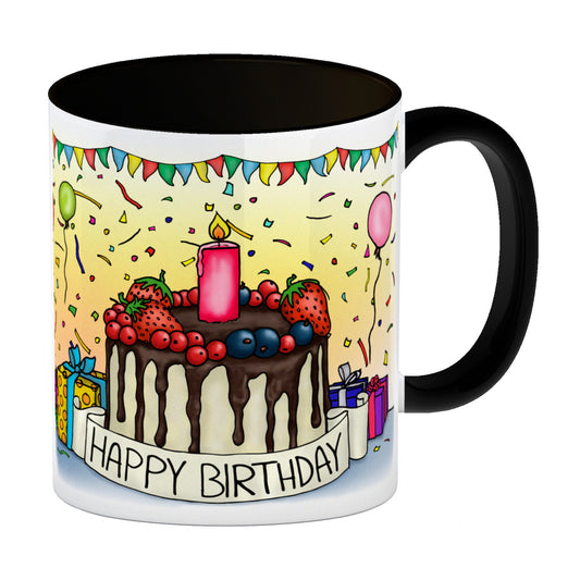 Happy Birthday Kaffeebecher Henkel und Innenseite Schwarz mit Geburtstagstorte Motiv