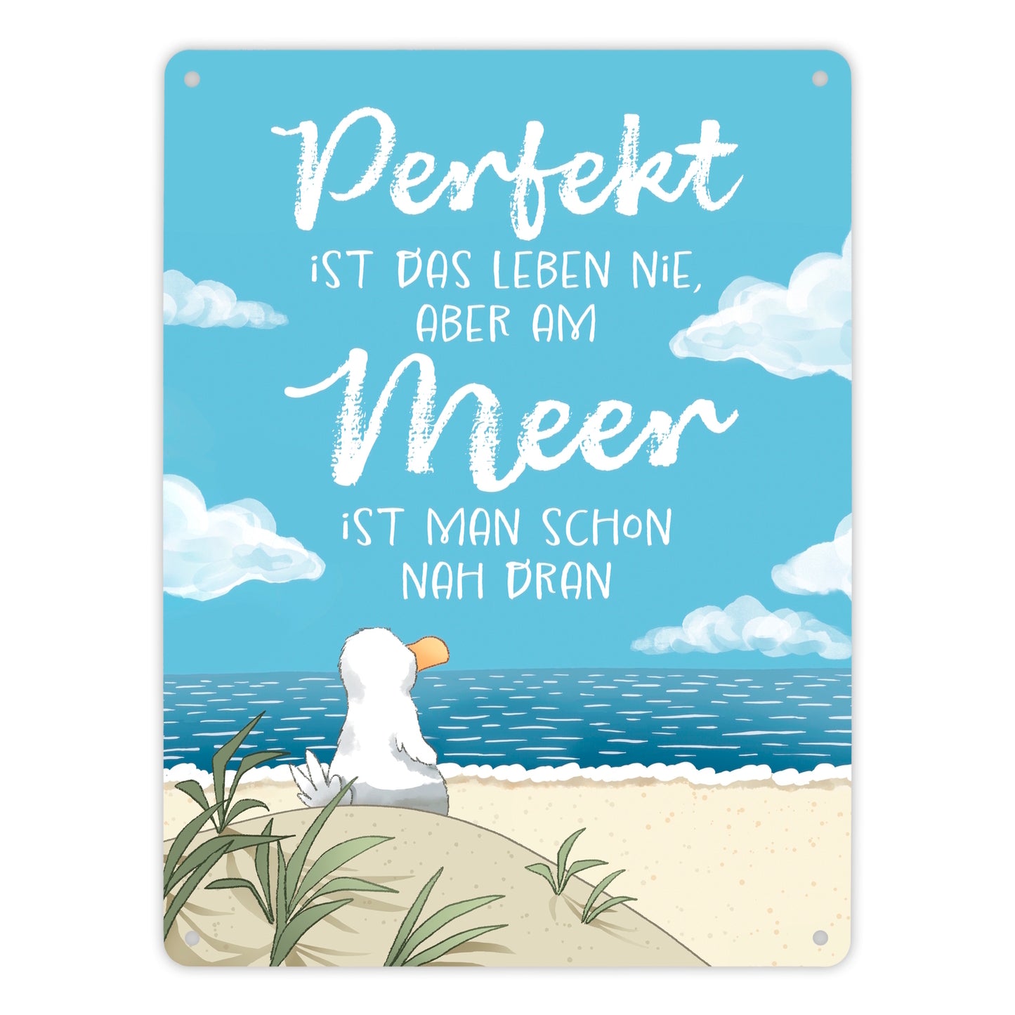 Möwe am Strand Metallschild XL in 21x28 cm mit Spruch Leben am Meer fast perfekt