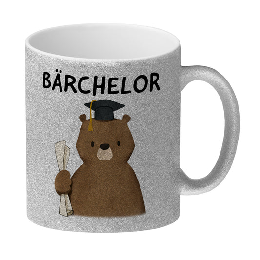 Bär mit Doktorhut Glitzer-Kaffeebecher mit Spruch Bärchelor