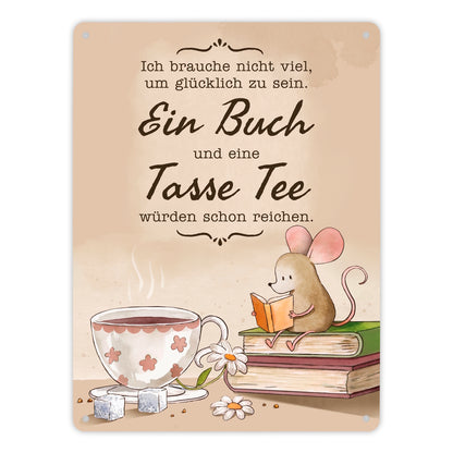 Maus mit Buch Metallschild XL in 21x28 cm mit Spruch Buch und Tee machen mich glücklich