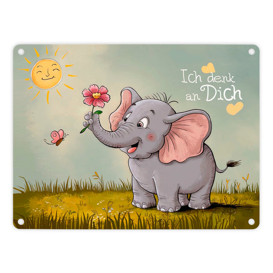 Cartoon-Elefant mit Blume - Metallschild in 15x20 cm - Ich denk an dich