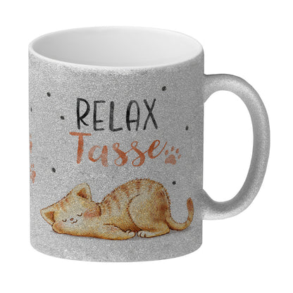 Relaxte Katze Glitzer-Kaffeebecher mit Spruch Relax Tasse