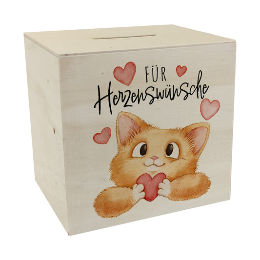 Katze Spardose aus Holz mit Spruch Für Herzenswünsche