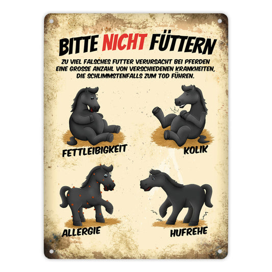 Metallschild XL mit schwarze Pferde Motiv und Spruch: Bitte nicht füttern