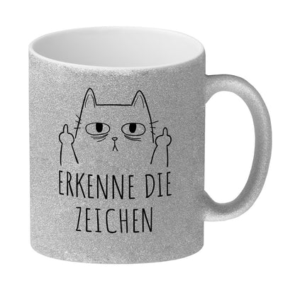 Katze mit Mittelfinger Glitzer-Kaffeebecher mit Spruch Erkenne die Zeichen