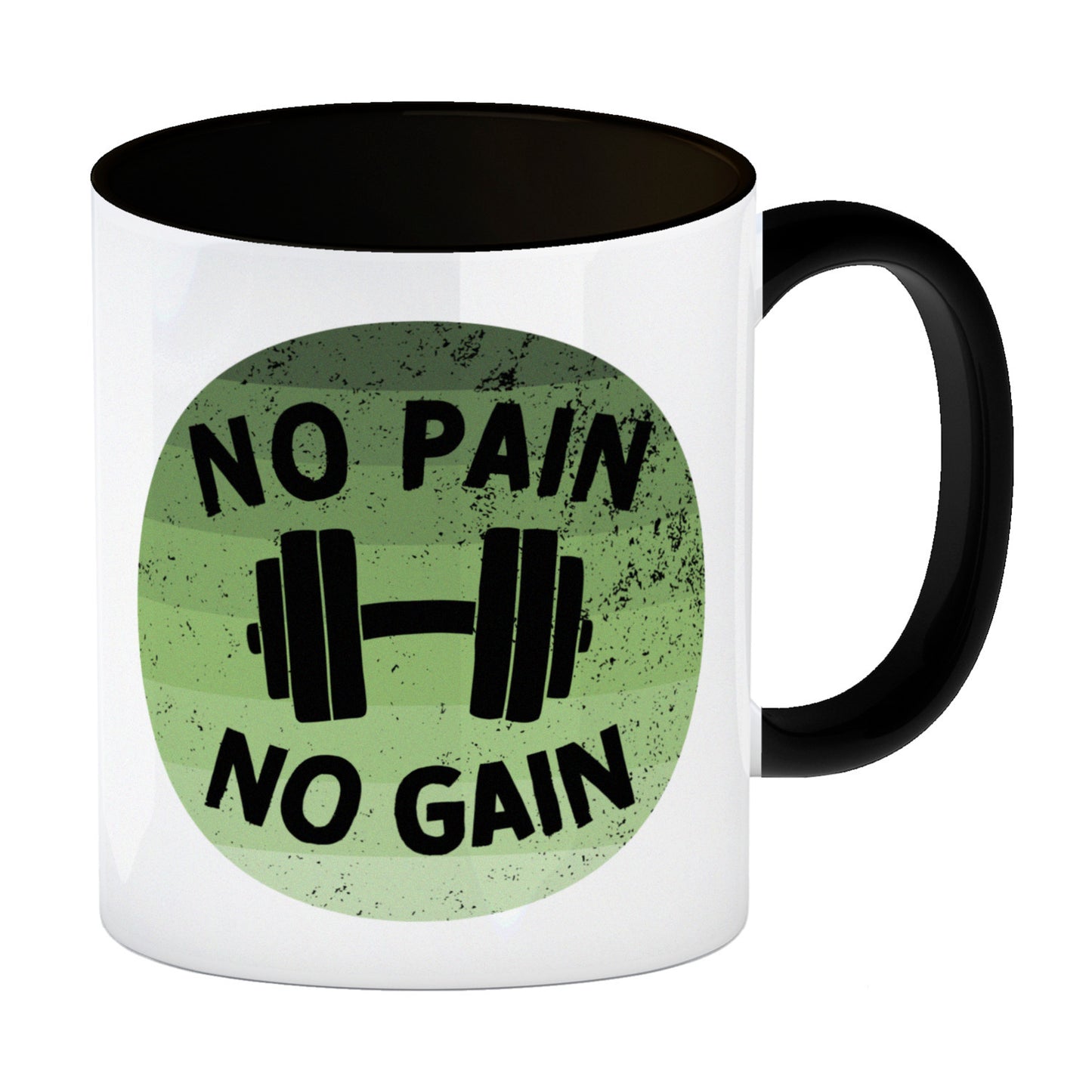 No pain no gain Fitness Kaffeebecher Schwarz mit Hantel