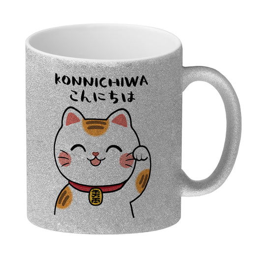 Winkekatze Glitzer-Kaffeebecher mit Spruch Konnichiwa