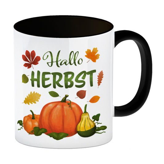 Hallo Herbst Kaffeebecher Schwarz mit hübschen Kürbissen