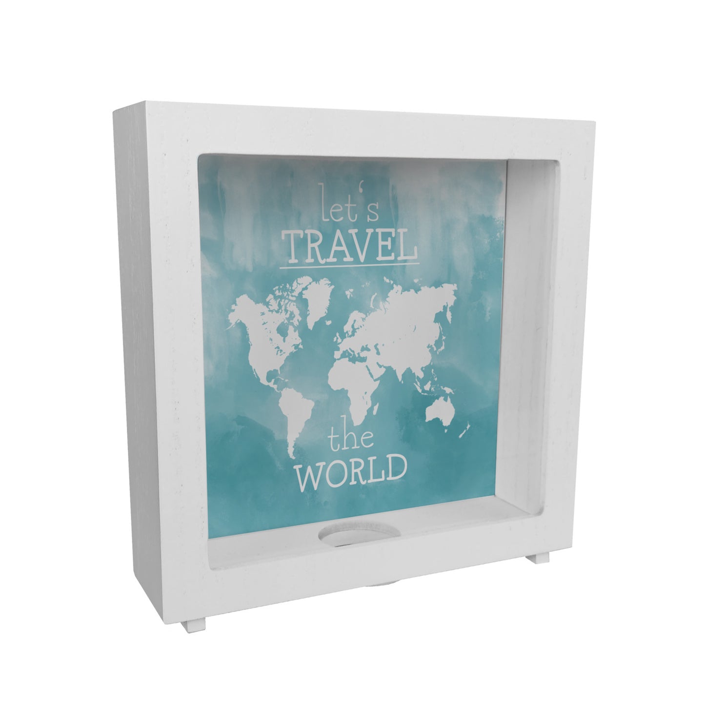 Rahmen Spardose aus Holz mit Weltkarten Motiv und Text - let's travel the world in Blau