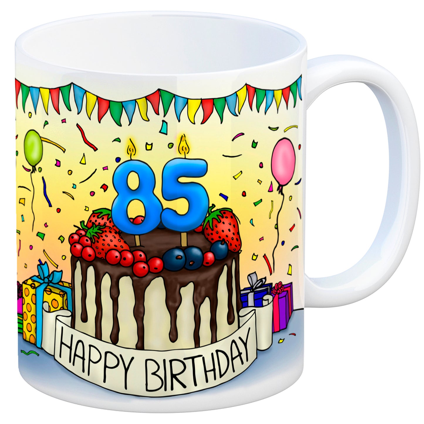 85. Geburtstag Tasse mit Kuchen und Geschenk und Anhänger: zum 31046. Tag