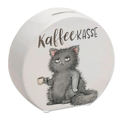 Katze mit Tasse Spardose mit Spruch Kaffeekasse