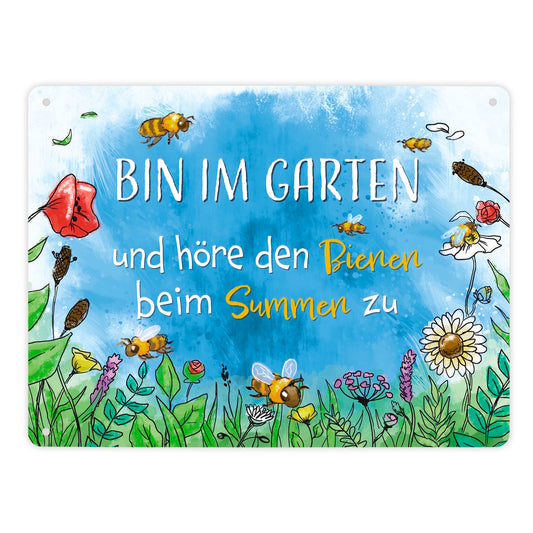 Bin im Garten Metallschild XL in 21x28 cm mit Blumenwiese und Bienen