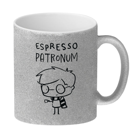 Zauberer mit Espresso Glitzer-Kaffeebecher mit Spruch Espresso Patronum