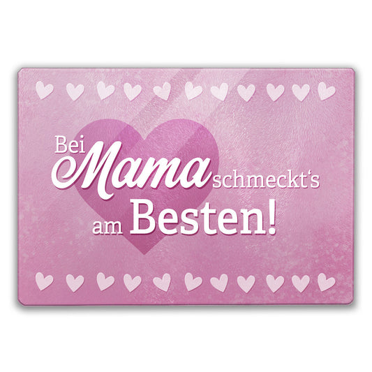 Herz Schneidebrett aus Glas mit Spruch Bei Mama schmeckts am Besten