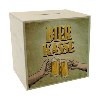 Bierkasse Spardose aus Holz mit coolem retro Motiv - prostende Bierkrüge für die Hausbar