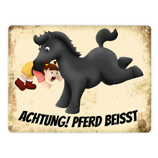 Metallschild XL mit schwarzes Pferd Motiv und Spruch: Achtung! Pferd beisst