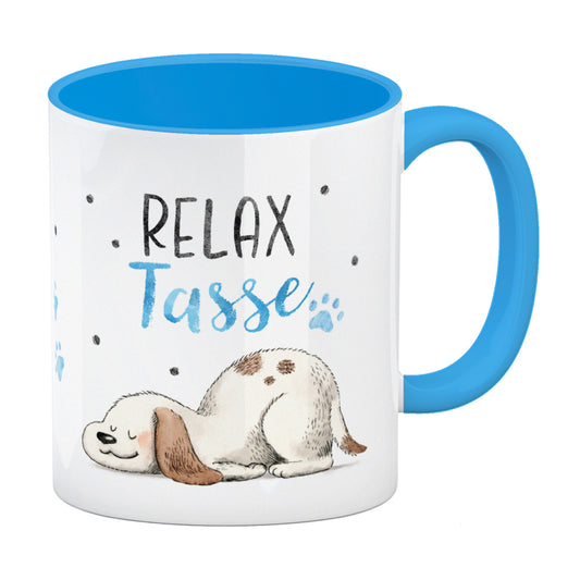 Relaxter Hund Kaffeebecher in hellblau mit Spruch Relax Tasse