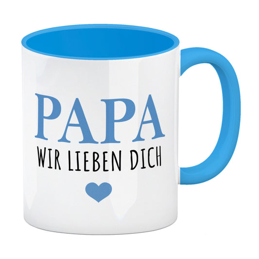 Papa wir lieben dich Kaffeebecher in hellblau in blau mit Herz