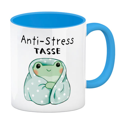 Frosch in blauer Decke mit Spruch Anti-Stress Tasse