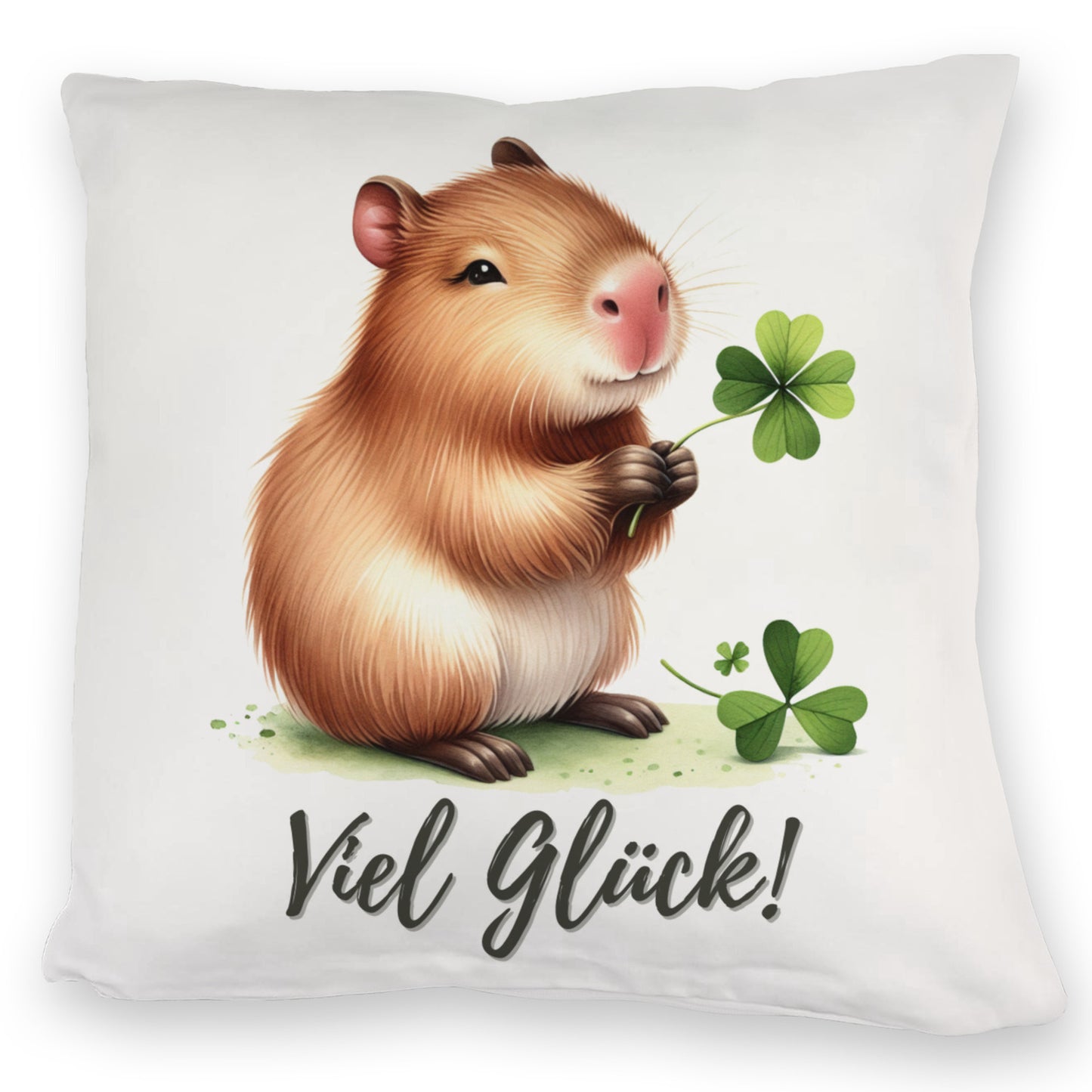 Capybara mit Kleeblatt Kuschelkissen mit Spruch Viel Glück