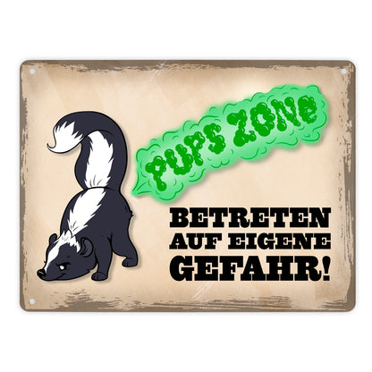 Pupszone Betreten auf eigene Gefahr Metallschild XL mit süßem Comic-Stinktier