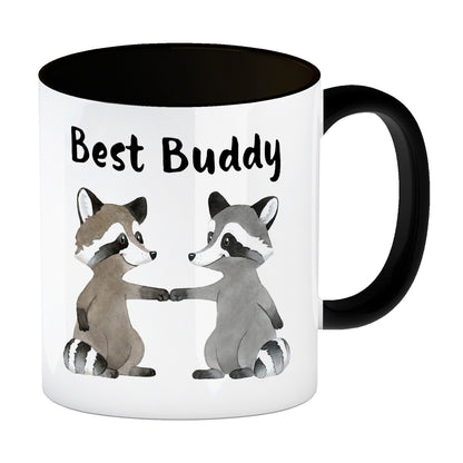 Waschbär Bruder und Kumpel Kaffeebecher in schwarz mit Spruch Best Buddy