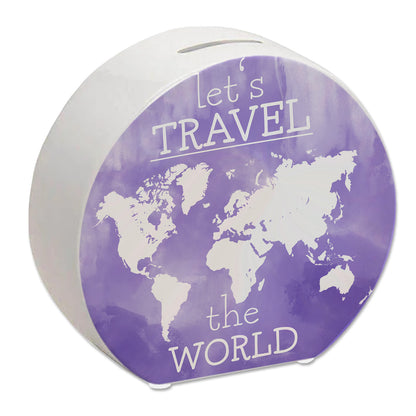 Spardose mit Weltkarten Motiv und Text - let's travel the world in Lila