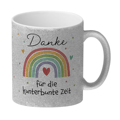 Regenbogen Glitzer-Kaffeebecher mit Spruch Danke für die kunterbunte Zeit