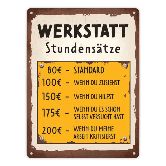 Werkstatt Stundensätze Metallschild XL in 21x28 cm