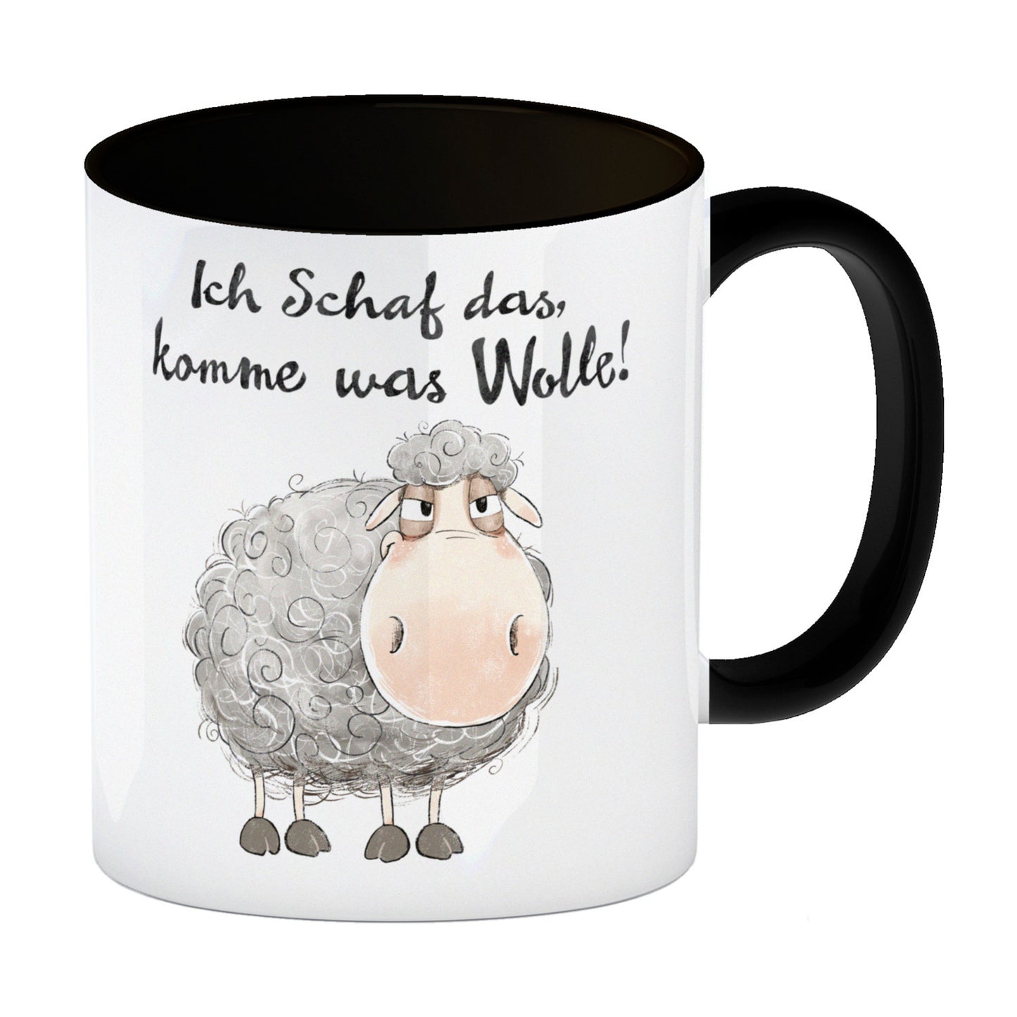 Schaf Kaffeebecher in schwarz mit Spruch Ich Schaf das komme was Wolle