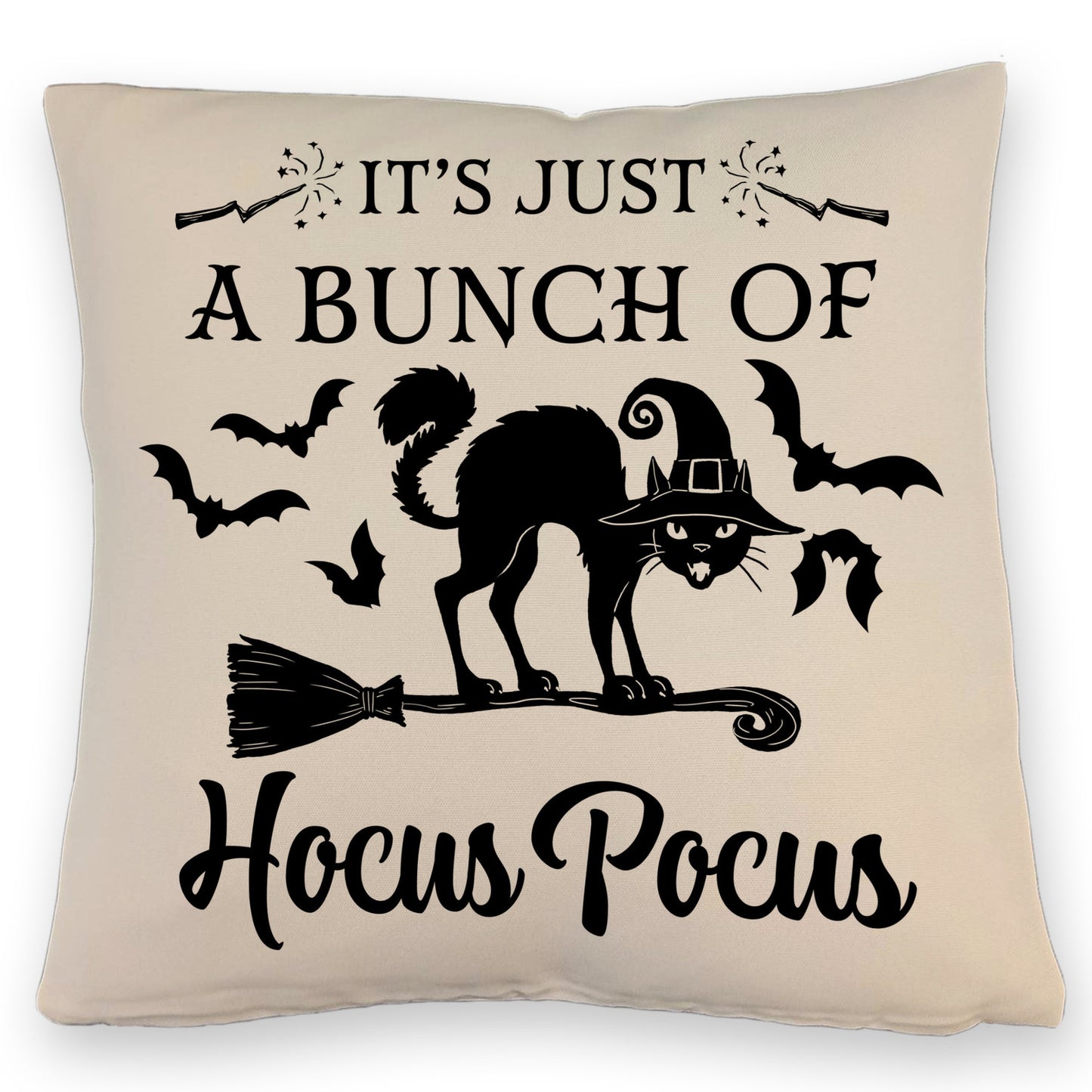 Schwarze Katze Halloween Kissen mit Leinenoptik mit Spruch A Bunch of Hocus Pocus