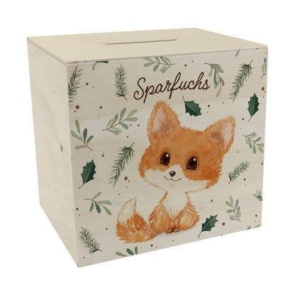 Babyfuchs Spardose aus Holz mit Spruch Sparfuchs