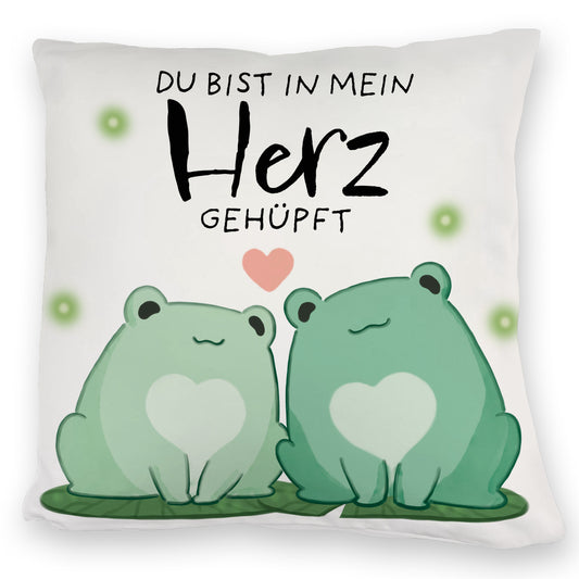 Frosch Kuschelkissen mit Spruch Du bist in mein Herz gehüpft