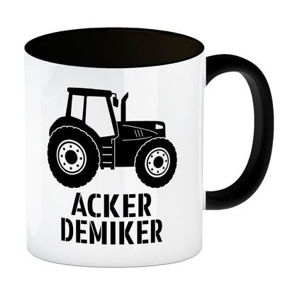 Traktor Kaffeebecher in schwarz mit Spruch Ackerdemiker