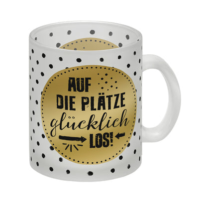 Auf die Plätze, glücklich, los! Glas Tasse mit Glück Motiv