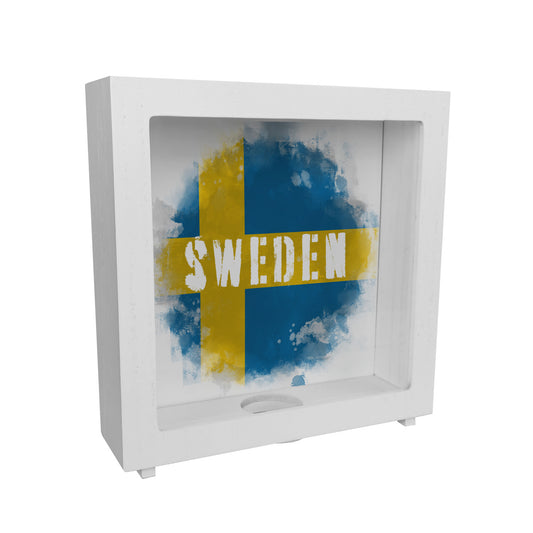 Rahmen Spardose aus Holz mit Schweden-Flagge im Used Look - Sparschwein für Urlauber