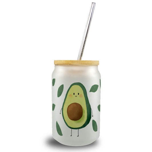 Avocado Trinkglas mit Bambusdeckel im Aquarell-Stil